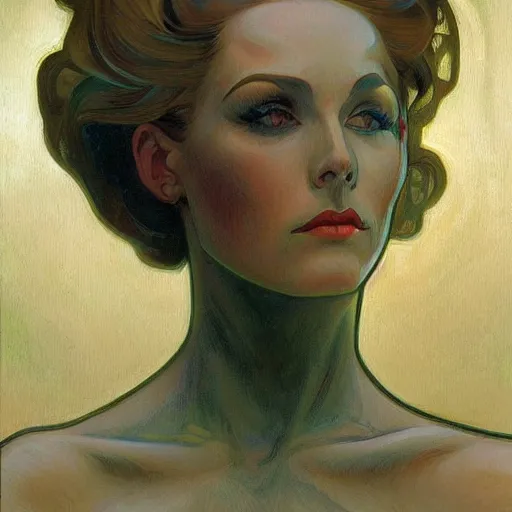 Image similar to a streamline moderne painting in the style of donato giancola, and in the style of charlie bowater, and in the style of alphonse mucha. symmetry, smooth, sharp focus, semi - realism, intricate detail.