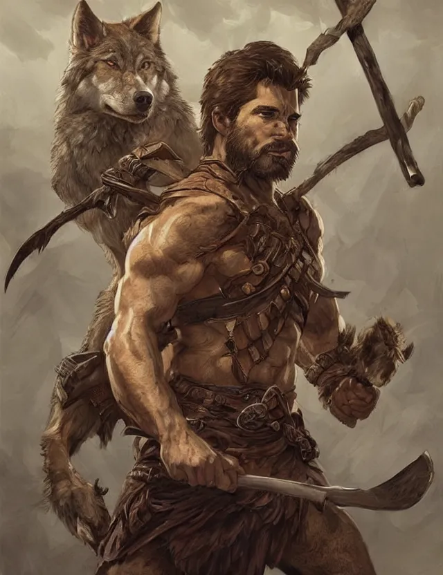 Image similar to portrait of a gruff ranger holding a spear, accompanied by a wolf dog, muscular, upper body, hairy body, D&D, fantasy, intricate, elegant, highly detailed, digital painting, artstation, concept art, matte, sharp focus, illustration, art by Artgerm and Greg Rutkowski and Alphonse Mucha