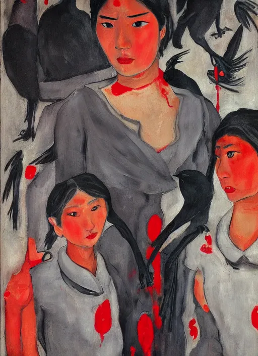 Prompt: a painting of gorgeous asian girls, frozen cold stare, blood red background, transparent gray dress, crows with red eyes looking inwards as a symbol of death, in style of Edward Hopper, John Singer Sargant, Chaim Soutine, surrealism of Francis Bacon, American Gothic, 8k, ultradetailed