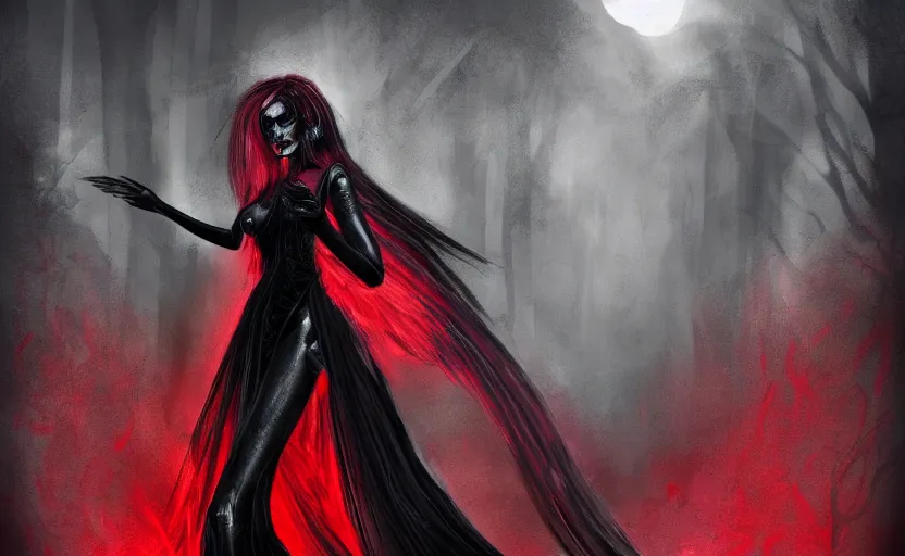 Image similar to Female dark angel in gothic red and black dress, their black wings are extended. She is in the bioluminescent forest. Horror scene, highly detailded. Cinematic fantasy concept art