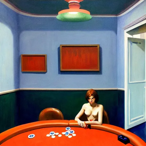 Prompt: Poker room, very coherent, painted by Edward Hopper, Wayne Barlowe, painted by James Gilleard, airbrush, art by JamesJean