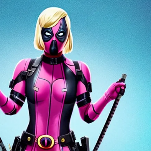 Image similar to A still of Gwenpool in Deadpool 3 (2023), no mask, blonde hair with pink highlights