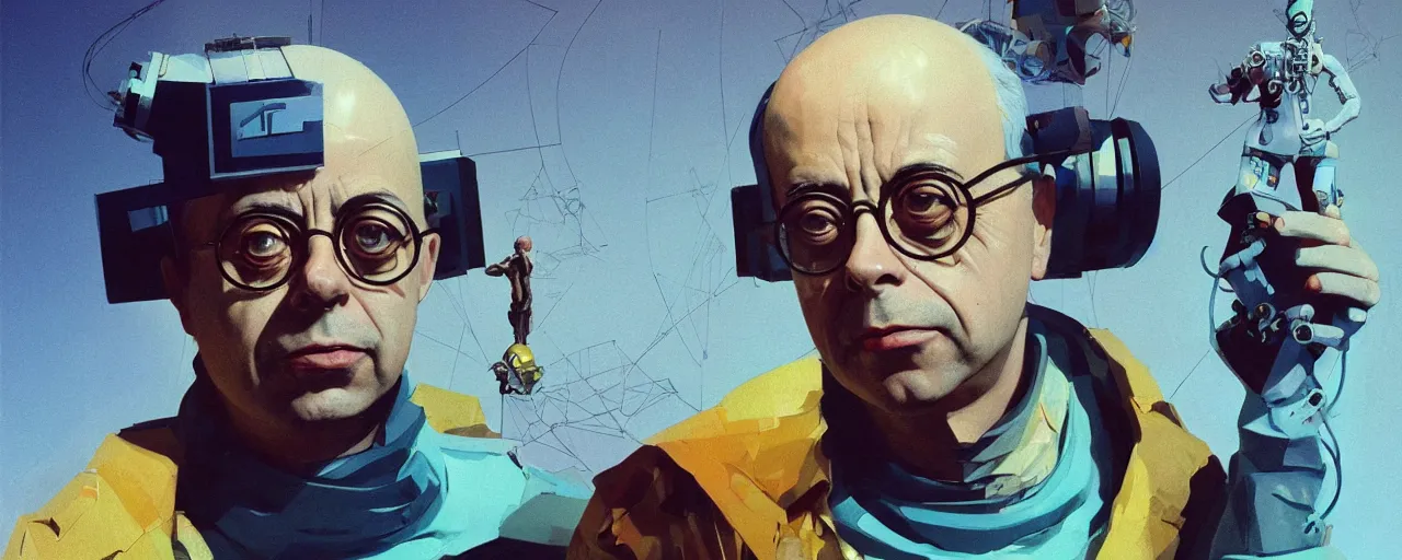 Image similar to duotone concept illustration 3 / 4 portrait of science fiction author stanislaw lem as 1 9 6 0 s retrofuturistic cyborg. cinematic volumentric lighting. golden ratio accidental renaissance. by sachin teng and sergey kolesov and ruan jia and heng z. graffiti art, scifi, fantasy, hyper detailed. octane render. concept art. trending on artstation