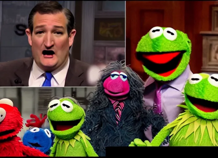 Image similar to ted cruz in the fetal position crying on the floor, he's getting stepped on, beatun up and kicked by a gang of mean muppets on sesame street