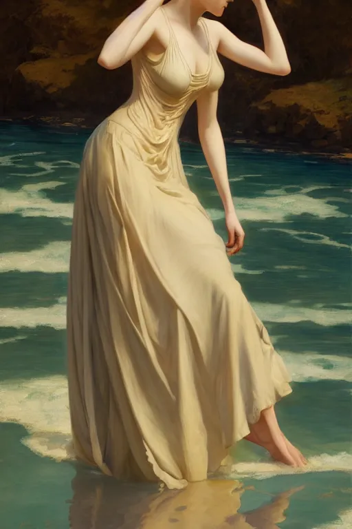 Prompt: a beautiful annie leonhart wearing a dress emerging from the water, oil on canvas, sensuality, artstation, by j. c. leyendecker and edmund blair leighton and charlie bowater, shot on sony a 7 iii