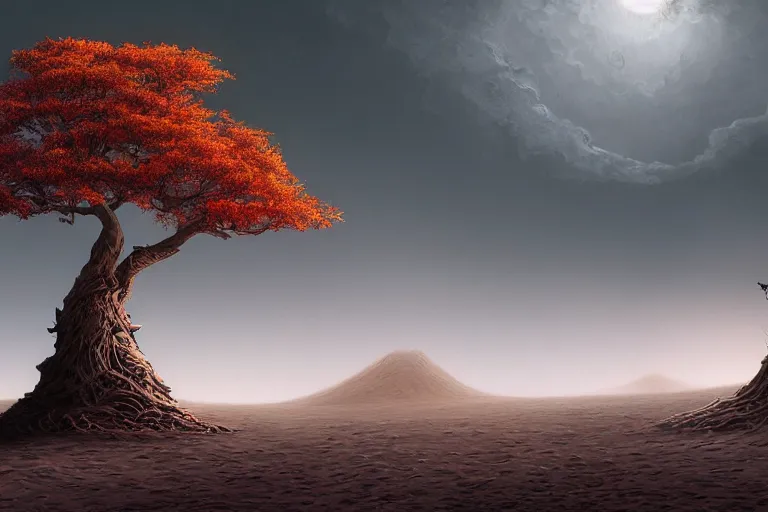 Image similar to cinematic fantasy landscape painting, an eclipse, over an autumn maple bonsai growing alone on a desolate sand dune in front of a primordial mountainous desert landscape of bones by hr giger and jessica rossier