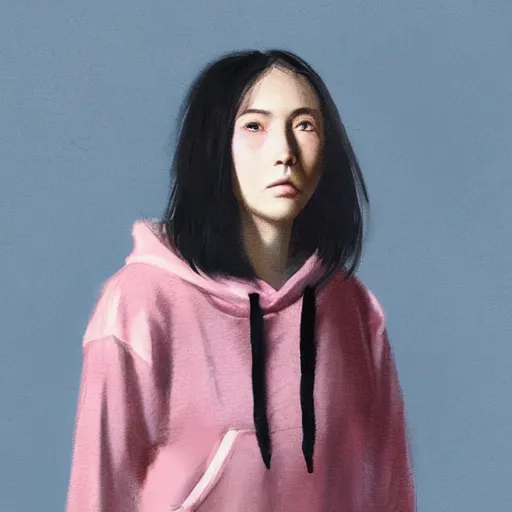 Image similar to Portrait of a woman by Greg Rutkowski, she is about 18 years old, mixture between japanese and british, messy bob black hair, young, pale, tired but friendly look, she's wearing a a pink oversized hoodie and a black adidas tracksuit, highly detailed portrait, scifi, digital painting, artstation, concept art, smooth, sharp foccus ilustration, Artstation HQ