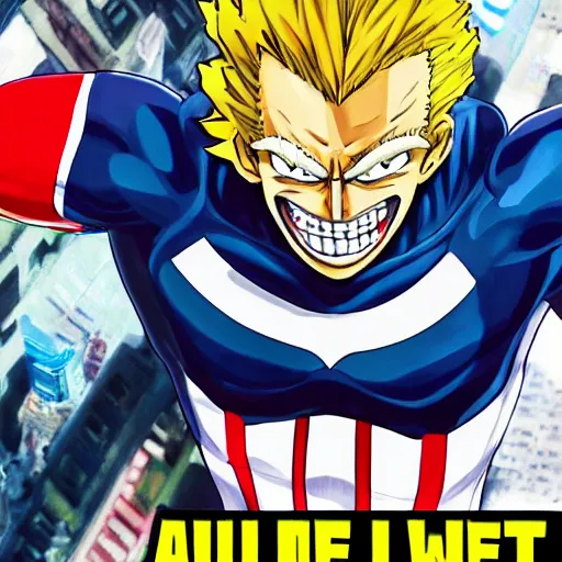 Image similar to an oil painting of a all might from my hero academia in gta 5 cover art style by artgerm, 4 k anime, middle ages, hd, hdr, ue 5, ue 6, unreal engine 5, third dimensional, 3 d, disney quality cinematic 4 k wallpaper, 8 k, ultra detailed, gta 5 cover art, high resolution, artstation, award winning