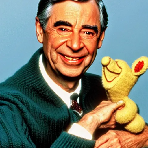 Image similar to Mister Rogers holding a devil puppet on his hand