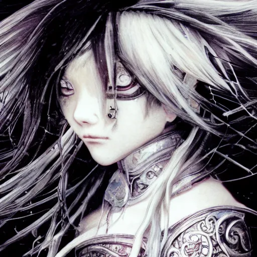 Image similar to yoshitaka amano blurred and dreamy illustration of an anime girl with pirate eye patch, wavy white hair and cracks on her face wearing elden ring armour with the cape fluttering in the wind, abstract black and white patterns on the background, noisy film grain effect, highly detailed, renaissance oil painting, weird portrait angle