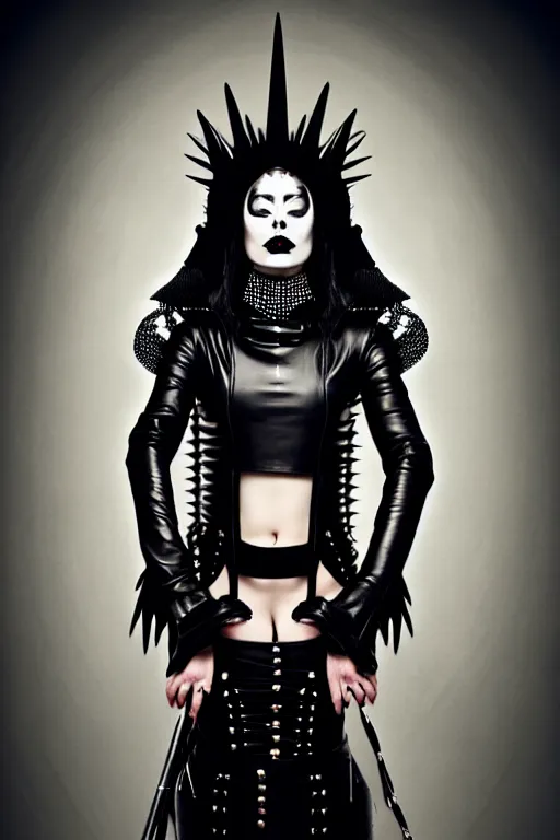 Image similar to a woman in a black leather outfit with spikes on her head, a high fashion character portrait by christen dalsgaard, featured on behance, gothic art, androgynous, genderless, gothic