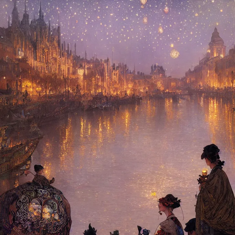 Image similar to a beautiful painting of the view from the river of the lantern festival in ancient london, at night with a sky full of stars, intricate, elegant, highly detailed, digital painting, artstation, concept art, by krenz cushart and artem demura and alphonse mucha