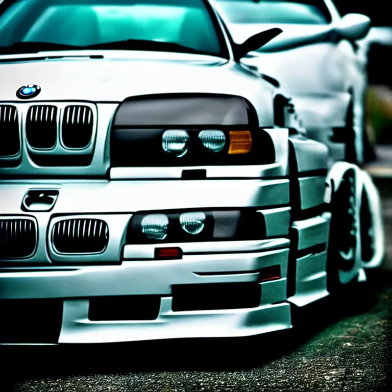 Image similar to close-up-photo BMW E36 turbo illegal meet, work-wheels, Gunma prefecture, middle of the night, cinematic color, photorealistic, high detailed deep dish wheels, highly detailed, custom headlights, neon underlighting