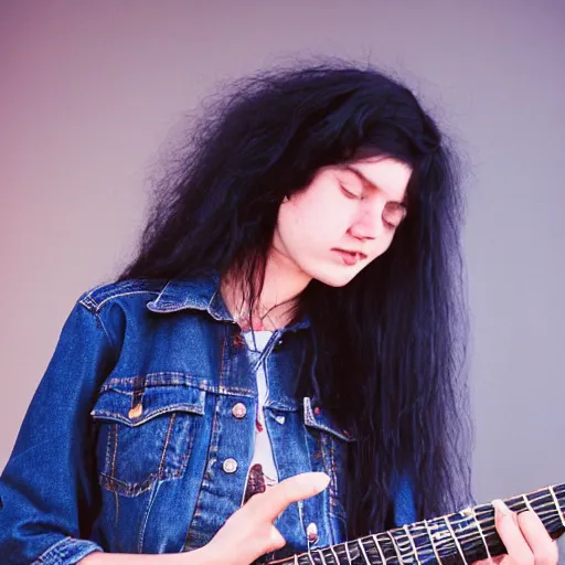 Prompt: 19-year-old girl with long shaggy black hair, permed hair, wearing denim jacket and bell-bottom jeans, playing electric guitar, stoner metal concert, heavy blues rock, doom metal, 30mm photography