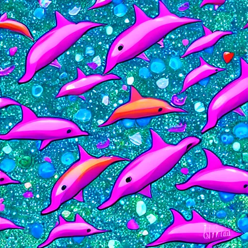 Image similar to dolphins jumping over a pile of crystal rocks in a lisa frank style, digital art