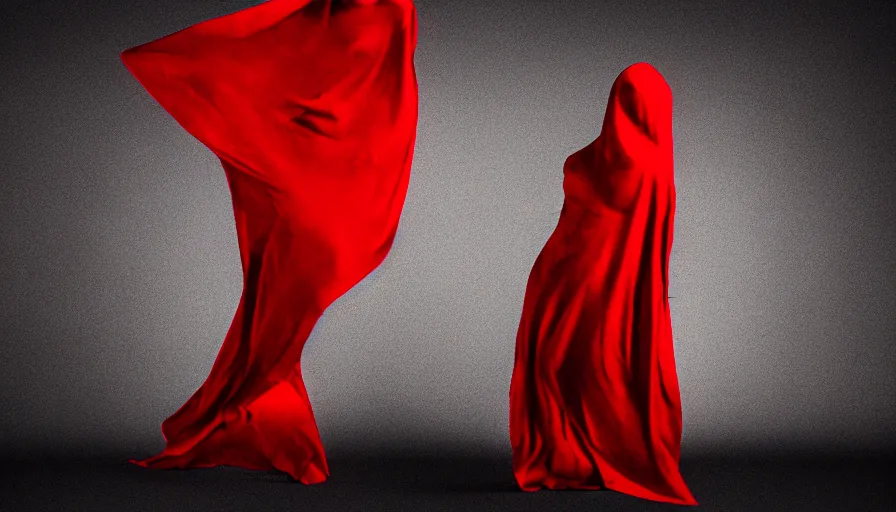 Prompt: fashion photograph of invisible figure wrapped in red sheet in darkness, high contrast, hard light, digital art, rendering, cloth simulation, redshift