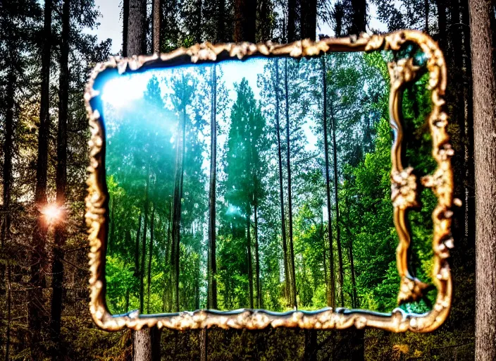 Image similar to photo of a crystal mirror that is a portal to another magical world. Forest in the background. Fantasy magic style. Highly detailed 8k. Intricate. Nikon d850 55mm. Award winning photography.