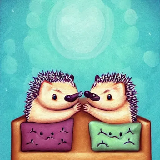 Image similar to two cute adorable hedgehogs, sitting together on a couch, romantic, shy hedgehog, blushing, waving, smiling, cute, hedgehog, by cyril rolando