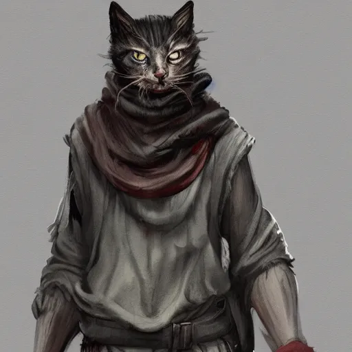 Prompt: dirty homeless humanoid cat wearing rags, concept art, d & d, fantasy, trending on artstation