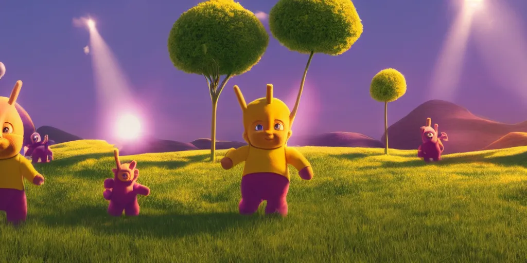 Prompt: teletubbies in the unreal engine, 8k, high detail, volumetric lighting, lensflare