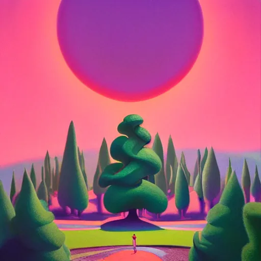 Image similar to pop - surrealist painting of an infinity machine, octane render, unreal engine, trees and pines everywhere, very nice pastel colors, lights and shadows, glowing hot sun, very coherent, houdini algorithmic generative art, painted by edward hopper, wayne barlowe, painted by james gilleard, airbrush, art by jamesjean