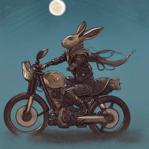 Prompt: bunny wearing a leather jacket riding a motorbike on a highway during sakura season on a blood moon, by peter mohrbacher, james jean, wlop, greg rutkowski, detailed - face!!!, rule of thirds, dynamic pose, action pose, beautiful landscape