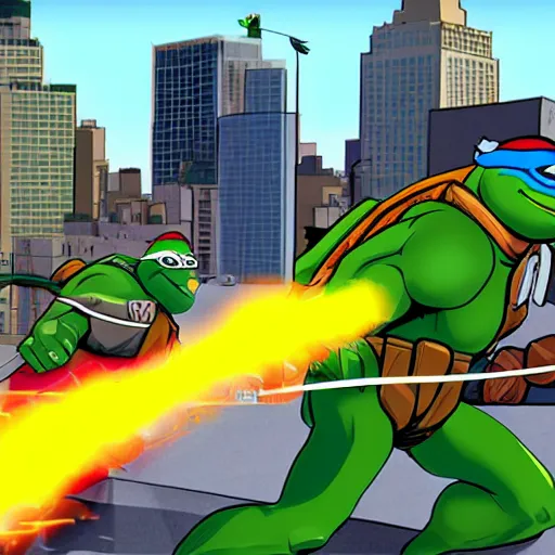 Prompt: teenage mutant ninja turtles in new york, 6 4 - bit style, video game.