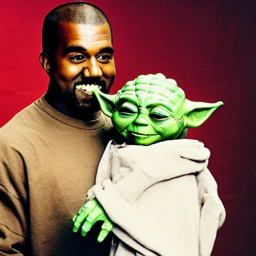 Image similar to kanye west smiling and holding yoda yoda for a 1 9 9 0 s sitcom tv show, studio photograph, portrait