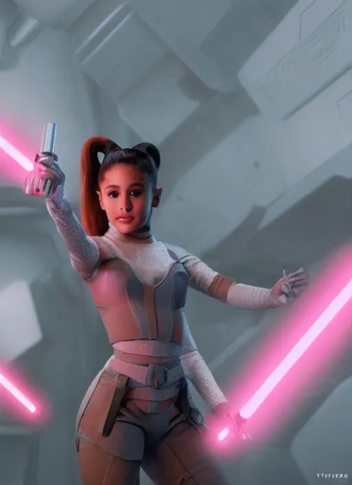 Image similar to An extremely detailed photo of Ariana Grande in the Star Wars universe with two pink lightsabers held in each hand. Maximum detail on artstation, photo realism, vivd details, vivd colour, volumetric lighting