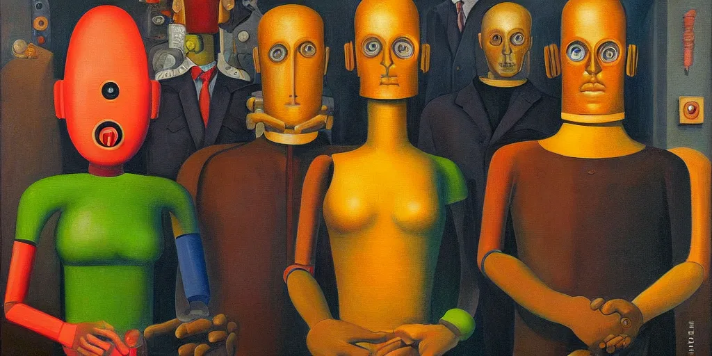 Image similar to super - intelligent robot with kind eyes portrait, lowbrow, pj crook, grant wood, edward hopper, oil on canvas