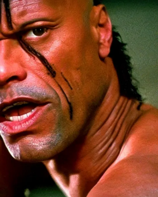 Prompt: Film still close-up shot of Dwayne Johnson in the movie Pulp Fiction. Photographic, photography