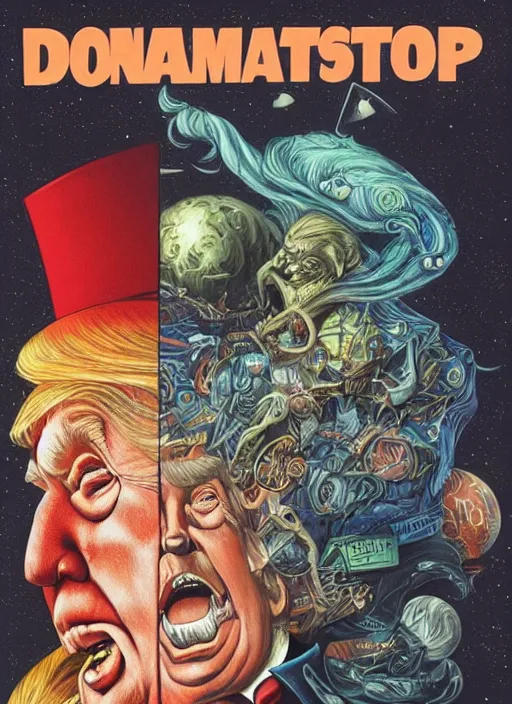 Image similar to donald trump is a disgusting clown, grotesque, horror, high details, intricate details, by vincent di fate, artgerm julie bell beeple, 1980s, inking, vintage 80s print, screen print