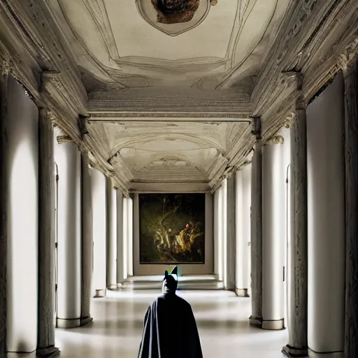 Image similar to Batman standing in giant Italian modern castle living room, clean minimalist design, that is 1300 feet tall, with very tall giant walls filled with modern art paintings, doors that are cosmic portals, photo by Annie Leibovitz