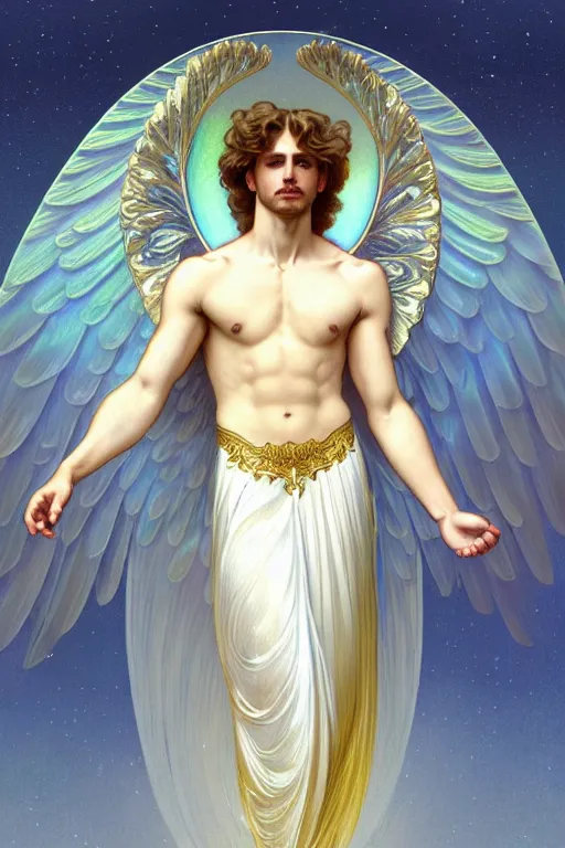 Prompt: fullbody portrait of a beautiful young fit male angel with curly blond hairs, soft smile, closed eyes, blessing palms, dressed in long fluent skirt, majestic symmetrical eagle wings, luminous halo, by greg rutkowski and alphonse mucha, gradient white to gold, in front of an iridescent background, highly detailed portrait, digital painting, smooth contourns, focus illustration