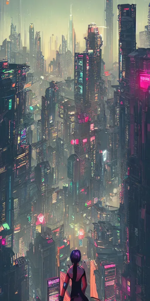 Prompt: cyberpunk girl on a roof, looking up at cityscape of vertical cyberpunk city with high towers, shanghai, by Alena Aenami and blade runner and akira, trending on Artstation,