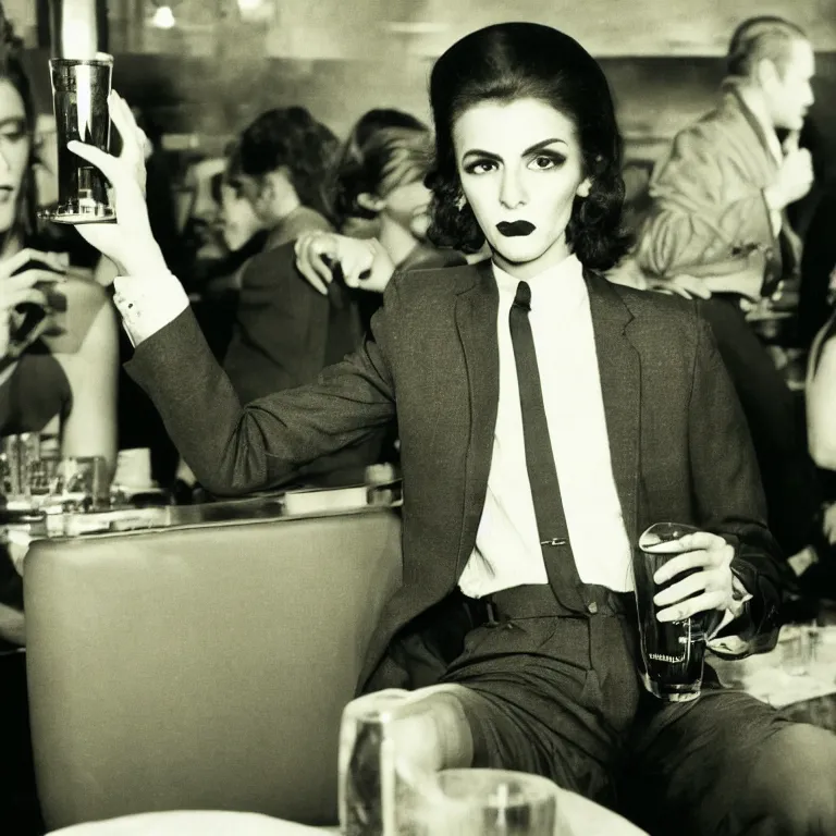 Prompt: Sepia medium shot shallow depth of field hyperrealistic street photography of a Lycanthrope with perfect hair wearing a fancy suit drinking a cocktail in a dark dive bar by Lisette Model by Diane Arbus in 1962, grainy shocking detail hyperrealistic trending on artstation