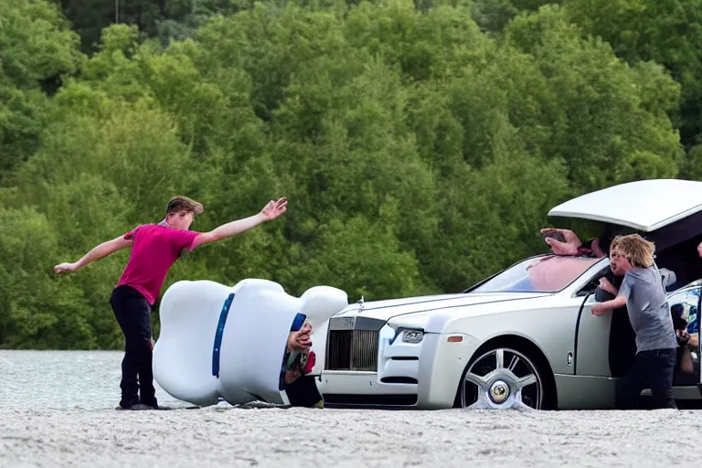 Image similar to Teenagers push Rolls-Royce into lake with their hands from a small slide wanting to drown him