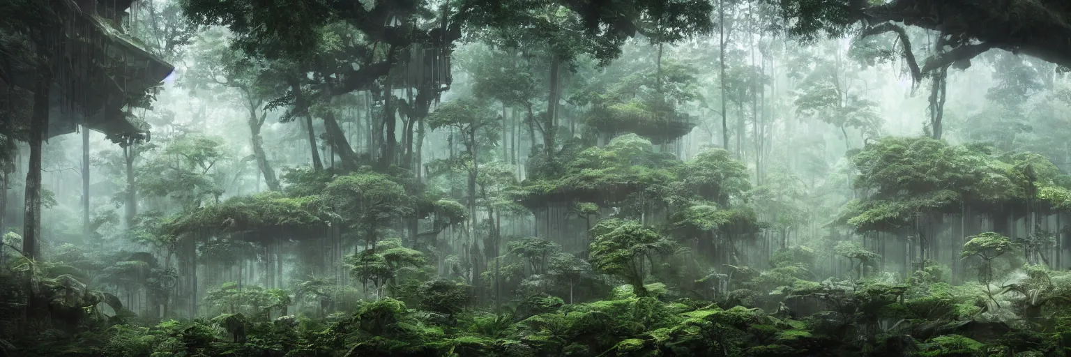 Image similar to japanese metabolism architecture deep in the rainforest. nature is taking over. matte painting in the style of craig mullins. mist. cinematic. octane render.