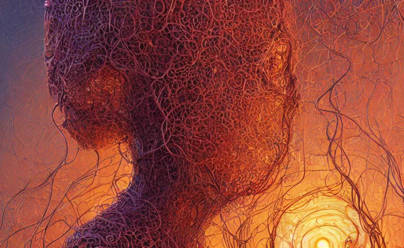 Prompt: interconnected human lifeforms, 2 human bodies connected by biomorphic vine connections, by peter gric, by artgerm, smooth gradients, vibrant colors, artstation, cgsociety, golden hour, cinematic lighting, 4 k, uhd, hdr