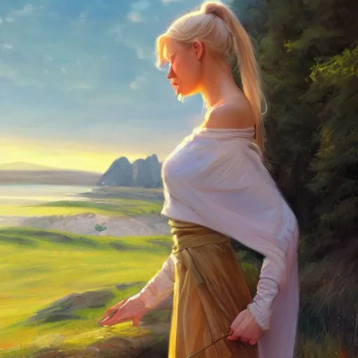 Image similar to blonde female jedi, Swedish countryside, landscape view, archipelago, freedom, dawn, sunrise, beautiful, by Vladimir Volegov, artstation