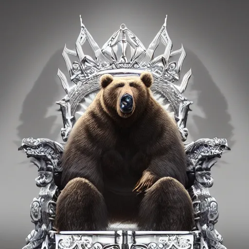 Image similar to Portrait of a king sitting on his throne, bear, crystal crown, digital art, realistic, artstation, detailed