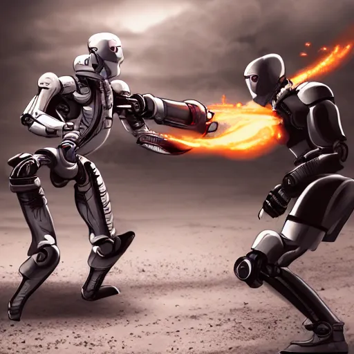 Image similar to anthropomorphic futuristic robot - fighter is killing a person man photographer, full body, two different characters, clean background, photorealistic, detailed,