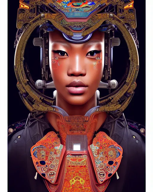 Image similar to portrait of a cyberpunk machine, machine face, upper half portrait, decorated with chinese opera motifs, african! fine china, traditional chinese art, intricate, elegant, highly detailed, symmetry, headpiece, digital painting, artstation, concept art, smooth, sharp focus, illustration, art by artgerm and greg rutkowski and alphonse mucha, 8 k