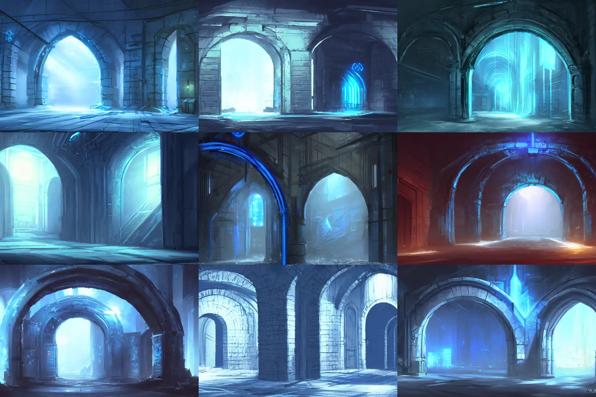 Prompt: archway in the middle of a huge dark warehouse, blue glowing portal contained within the archway, concept art, postapo game, artstation