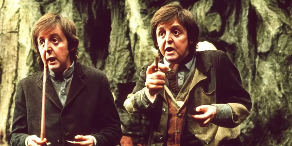 Prompt: A full color still of Paul McCartney dressed as a hobbit inside a dark house, examining his palm, directed by Stanley Kubrick, 35mm, 1970