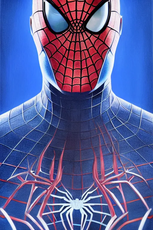 Image similar to elon musk as a blue suit spider man, realistic portrait, symmetrical, highly detailed, digital painting, artstation, concept art, smooth, sharp focus, illustration, cinematic lighting, art by artgerm and greg rutkowski and alphonse mucha