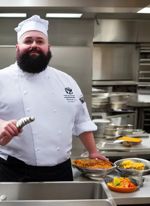 Image similar to portrait photo still of real life school chef jerome mcelroy fat bearded with chef hat in school cafeteria holding a ladel, 8 k, 8 5 mm, f. 1 4