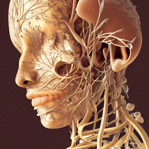 Prompt: beatifull frontal face portrait of a woman, 150 mm, anatomical, flesh, flowers, mandelbrot fractal, veins, arteries, symmetric, intricate, golden ratio, full frame, microscopic, elegant, highly detailed, ornate, ornament, sculpture, elegant , luxury, beautifully lit, ray trace, octane render in the style of peter Gric , alex grey and Romero Ressendi