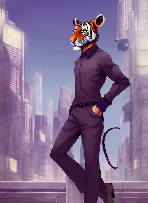 Prompt: character portrait of a male anthro Tiger fursona wearing a dress shirt and slacks in a futuristic city. Character design by charlie bowater, ross tran, artgerm, and makoto shinkai, detailed, inked, western comic book art