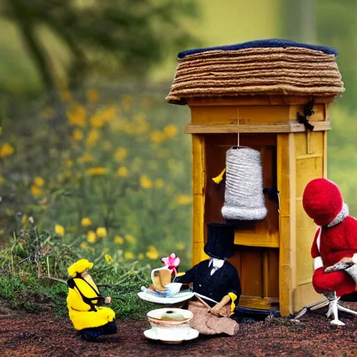 Image similar to an anthropomorphic stop motion little worker bee having a tea party with another worker at the entrance of their hive while on break, both are wearing victorian dresses, photography, felt, plush, yarn, high resolution, photorealistic, national geographic